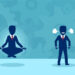 Vector picture of businessman in meditation and angry colleague living in stress.