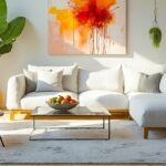 Bright living room with white sofa, plants, abstract orange painting, and a glass coffee table with a fruit bowl.