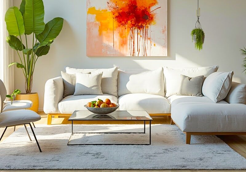 Bright living room with white sofa, plants, abstract orange painting, and a glass coffee table with a fruit bowl.