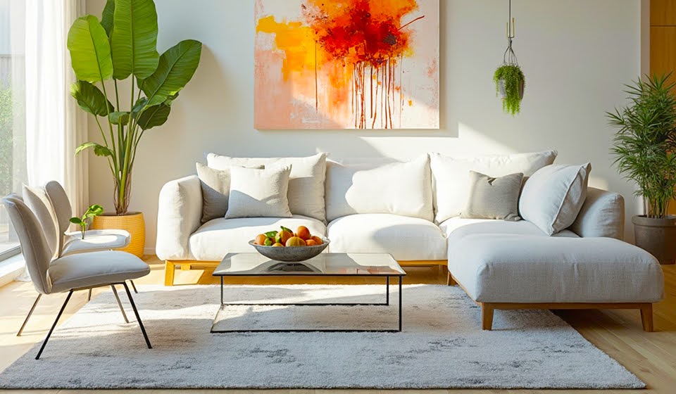 Bright living room with white sofa, plants, abstract orange painting, and a glass coffee table with a fruit bowl.