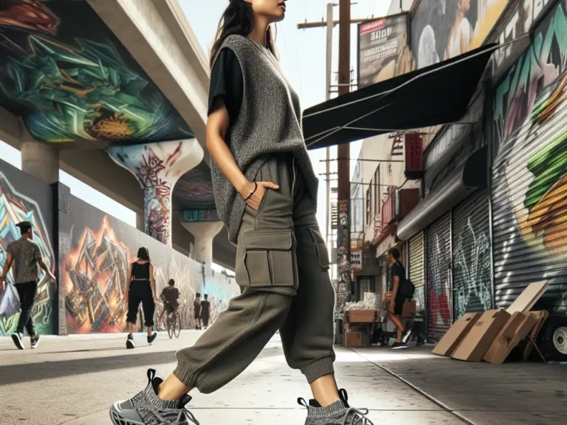 A stylish woman in cargo joggers called Yeezy 350, a cap, and trendy sneakers walks through a graffiti-covered urban street with a confident stride.