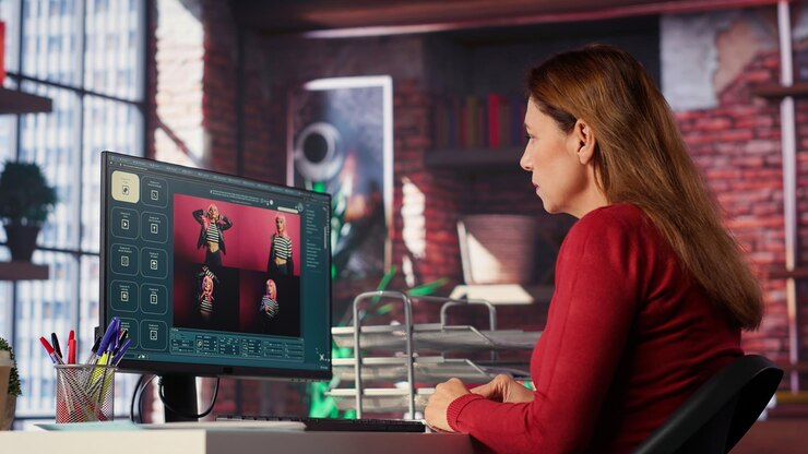 A woman in a red shirt sits at a desk using a computer, editing or reviewing images of a person in different poses. The workspace has office supplies and a modern, exposed brick wall background.