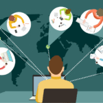 An illustration of a person working on a laptop, connecting virtually with four other people around the world, shown by dotted lines over a global map background. Each person is at a desk with various office supplies.