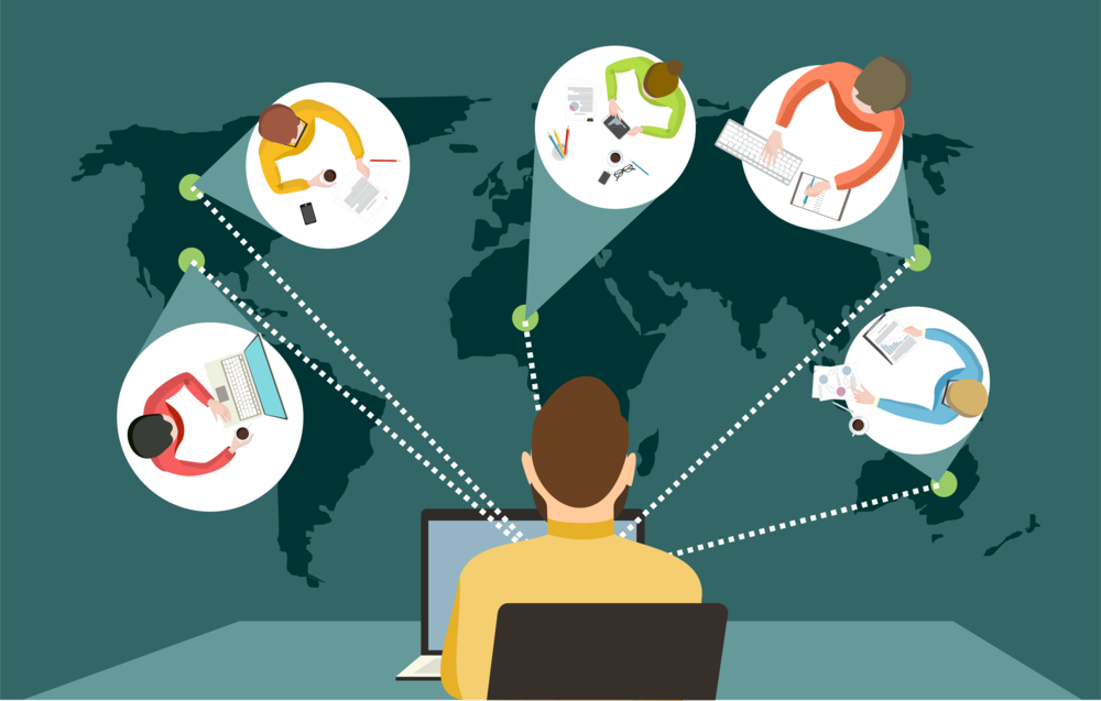An illustration of a person working on a laptop, connecting virtually with four other people around the world, shown by dotted lines over a global map background. Each person is at a desk with various office supplies.