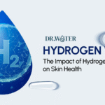 A graphic showing a large blue water droplet with H2 inside, the title HYDROGEN WATER, and the text The Impact of Hydrogen Water on Skin Health beside it. The DR.WATER logo appears above the title.