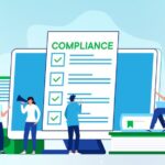Illustration of four people with large documents, folders, and a screen displaying a checklist titled COMPLIANCE. Some are pointing at the checklist or books, and one is speaking into a megaphone.