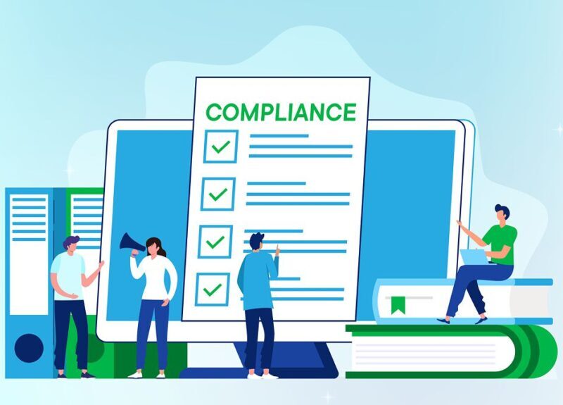 Illustration of four people with large documents, folders, and a screen displaying a checklist titled COMPLIANCE. Some are pointing at the checklist or books, and one is speaking into a megaphone.