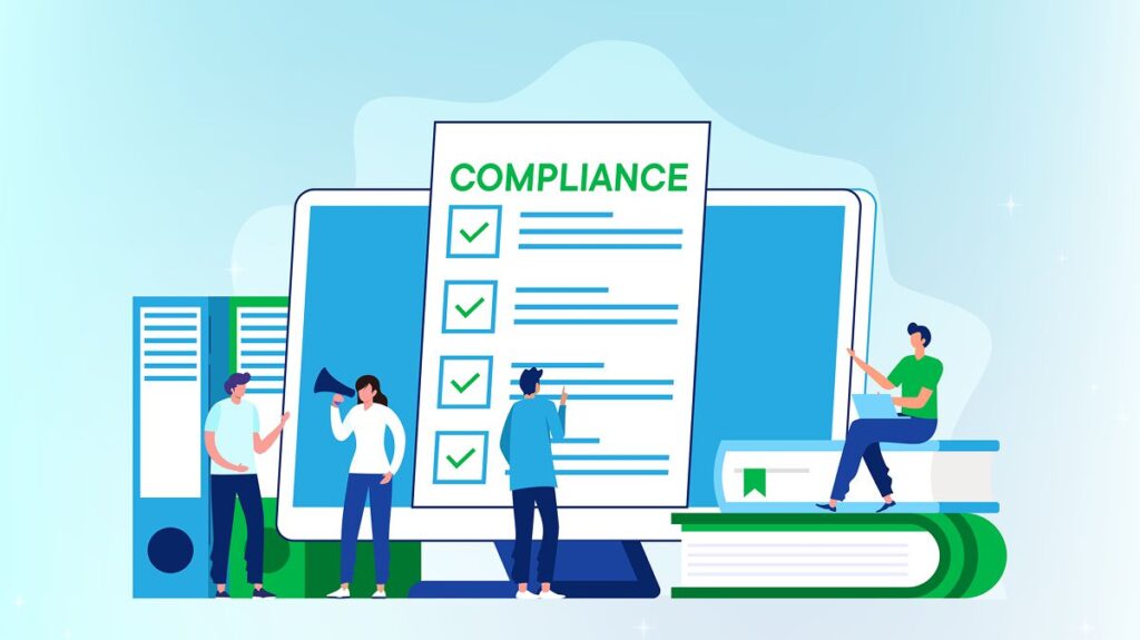 Illustration of four people with large documents, folders, and a screen displaying a checklist titled COMPLIANCE. Some are pointing at the checklist or books, and one is speaking into a megaphone.