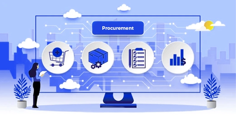 A woman stands in front of a large screen displaying interconnected procurement icons: a cart with a medical cross, a box with gears, a checklist, and a bar chart, set against a stylized cityscape background.
